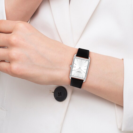 Unisex Coach Analog Watch with Silver-Tone Rectangle Dial and Black Leather Strap (Model: 14400040)