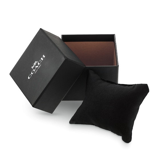 Unisex Coach Analog Watch with Silver-Tone Rectangle Dial and Black Leather Strap (Model: 14400040)