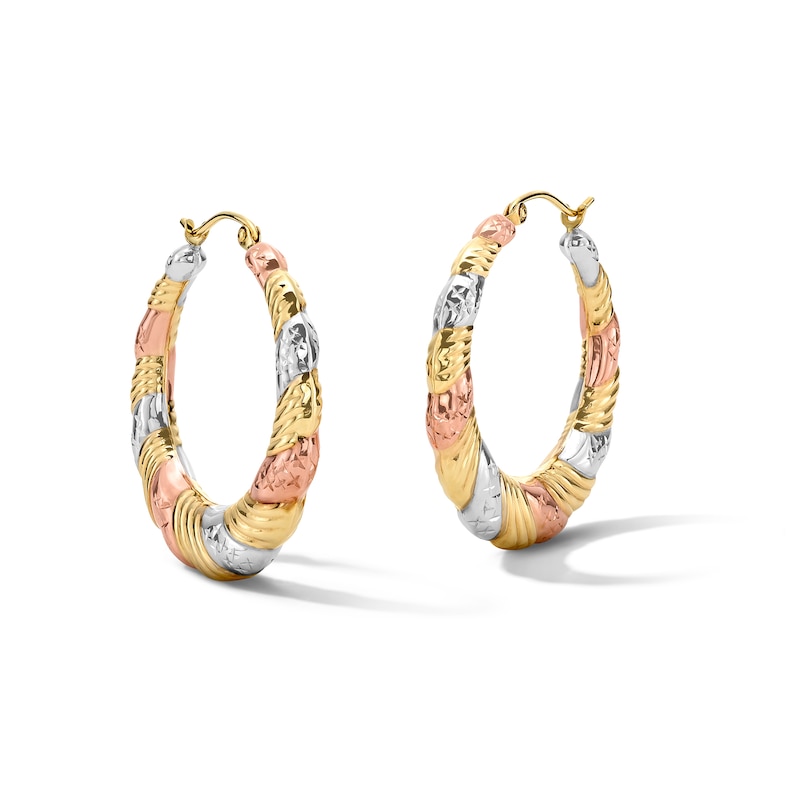 Main Image 1 of Tapered Tri-Tone Hoop Earrings in 10K Gold and 10K Rose Gold Plate