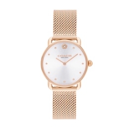 Ladies' Coach Rose-Tone IP Analog Watch with Silver-Tone Dial and Mesh Band (Model: 14504222)