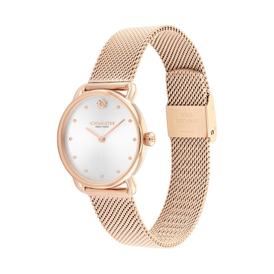 Ladies' Coach Rose-Tone IP Analog Watch with Silver-Tone Dial and Mesh Band (Model: 14504222)