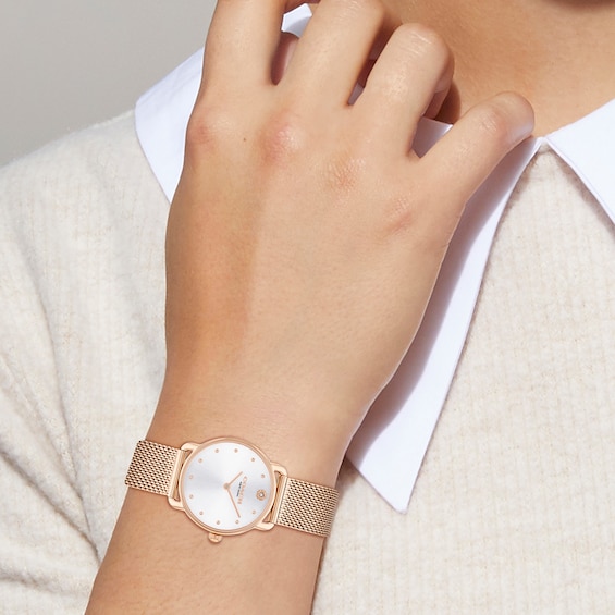 Ladies' Coach Rose-Tone IP Analog Watch with Silver-Tone Dial and Mesh Band (Model: 14504222)