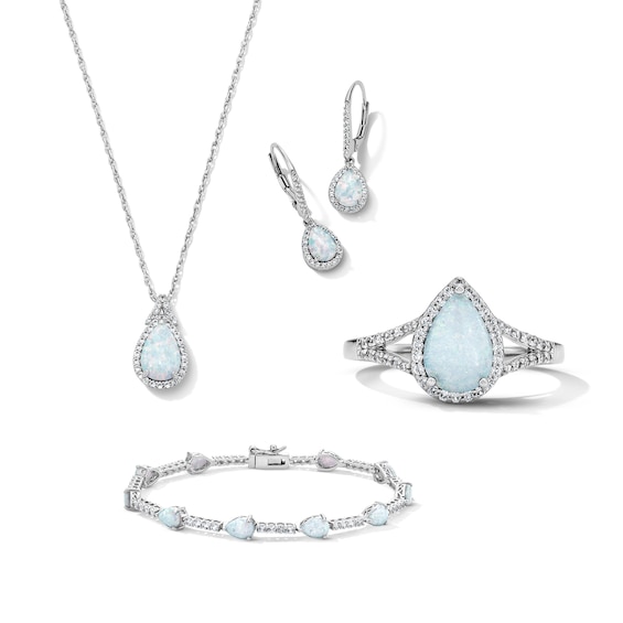 Pear-Shaped Lab-Created Opal and White Lab-Created Sapphire Pendant, Bracelet, Ring and Earrings Set in Sterling Silver