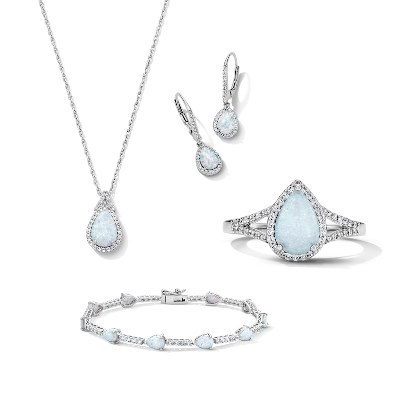 Main Image 1 of Pear-Shaped Lab-Created Opal and White Lab-Created Sapphire Pendant, Bracelet, Ring and Earrings Set in Sterling Silver
