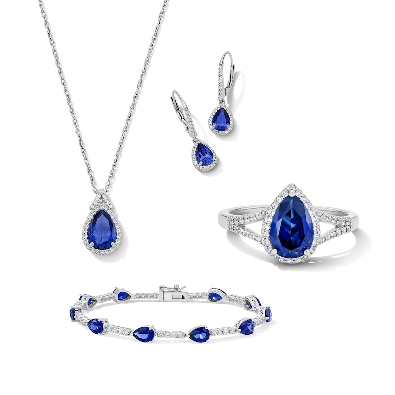 Main Image 1 of Pear-Shaped Blue and White Lab-Created Sapphire Pendant, Bracelet, Ring and Earrings Set in Sterling Silver
