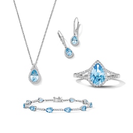 Pear-Shaped Swiss Blue Topaz and White Lab-Created Sapphire Pendant, Bracelet, Ring and Earrings Set in Sterling Silver