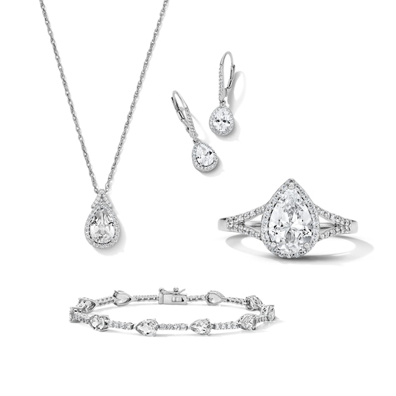 Pear-Shaped White Lab-Created Sapphire Pendant, Bracelet, Ring and Earrings Set in Sterling Silver