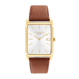 Unisex Coach Analog Watch with Silver-Tone Rectangle Dial and Brown Leather Strap (Model: 14400044)