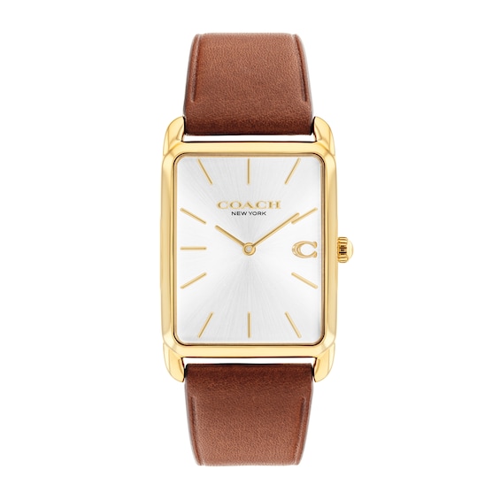Unisex Coach Analog Watch with Silver-Tone Rectangle Dial and Brown Leather Strap (Model: 14400044)