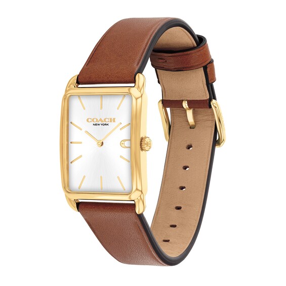 Unisex Coach Analog Watch with Silver-Tone Rectangle Dial and Brown Leather Strap (Model: 14400044)