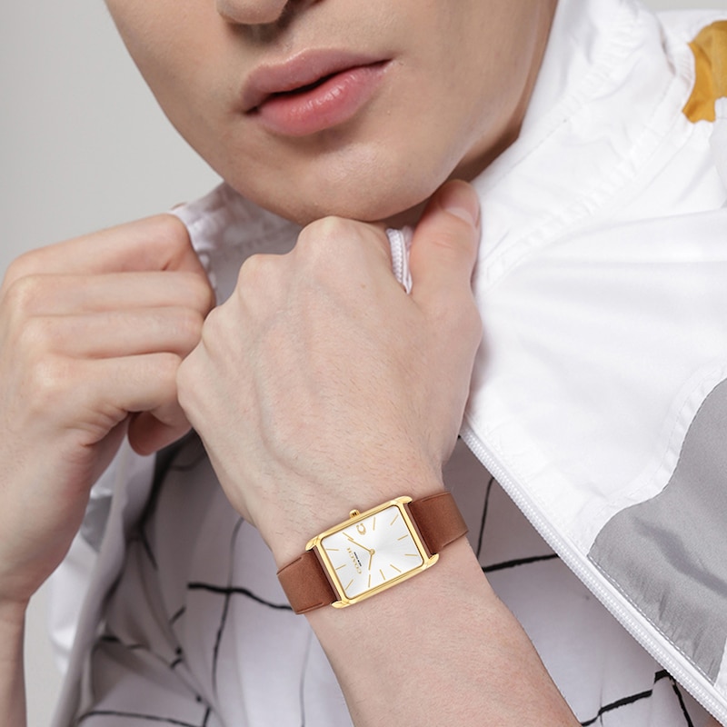 Main Image 5 of Unisex Coach Analog Watch with Silver-Tone Rectangle Dial and Brown Leather Strap (Model: 14400044)