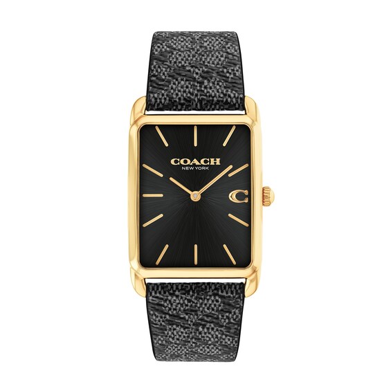 Unisex Coach Gold-Tone IP Analog Watch with Black Rectangle Dial and Brown Leather Strap (Model: 14400045)
