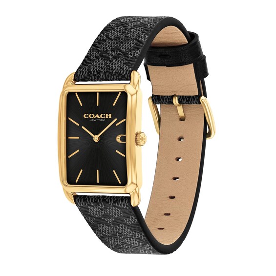 Unisex Coach Gold-Tone IP Analog Watch with Black Rectangle Dial and Brown Leather Strap (Model: 14400045)