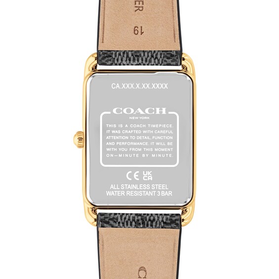 Unisex Coach Gold-Tone IP Analog Watch with Black Rectangle Dial and Brown Leather Strap (Model: 14400045)