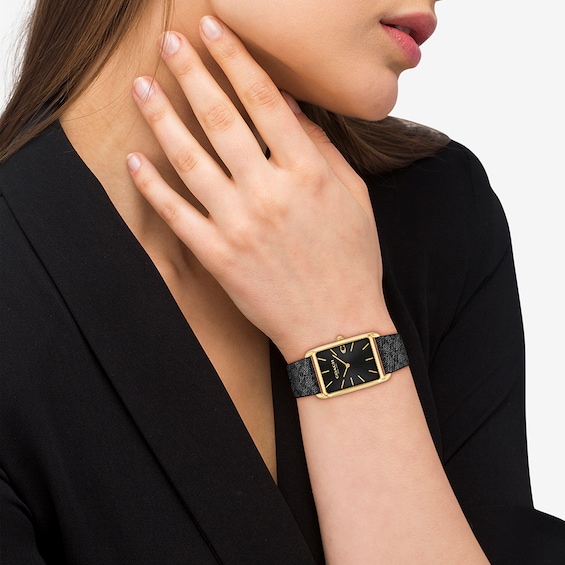 Unisex Coach Gold-Tone IP Analog Watch with Black Rectangle Dial and Brown Leather Strap (Model: 14400045)
