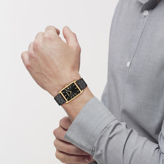 Unisex Coach Gold-Tone IP Analog Watch with Black Rectangle Dial and Brown Leather Strap (Model: 14400045)