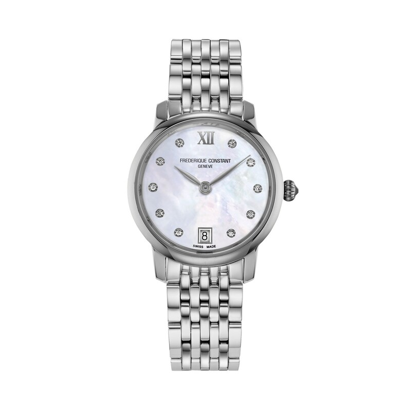 Main Image 1 of Ladies' Frederique Constant Slimline 1/20 CT. T.W. Diamond Watch with Mother-of-Pearl Dial (Model: FC-220MPWD1S26B)