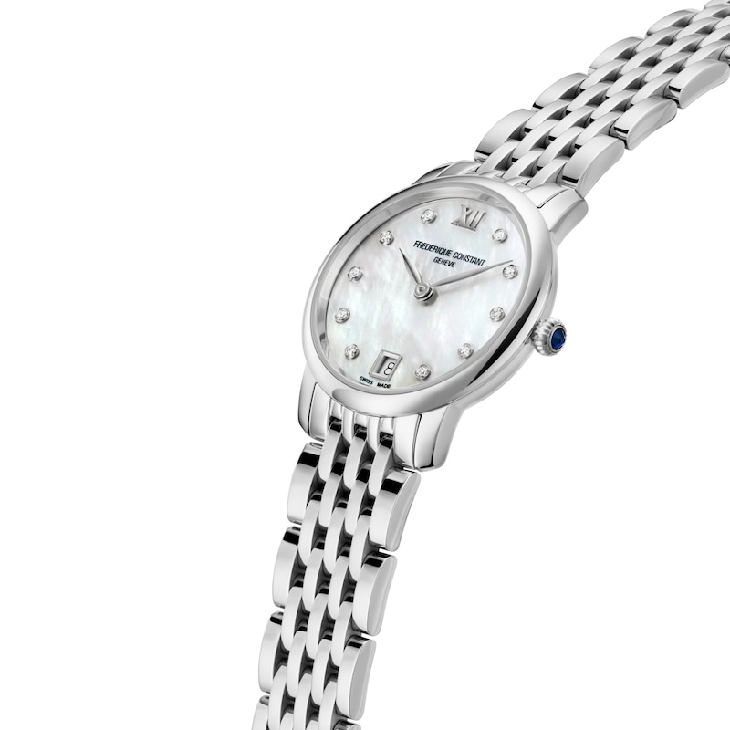 Main Image 2 of Ladies' Frederique Constant Slimline 1/20 CT. T.W. Diamond Watch with Mother-of-Pearl Dial (Model: FC-220MPWD1S26B)