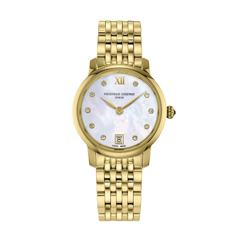 Main Image 1 of Ladies' Frederique Constant Slimline 1/20 CT. T.W. Diamond Watch with Mother-of-Pearl Dial (Model FC-220MPWD1S25B)