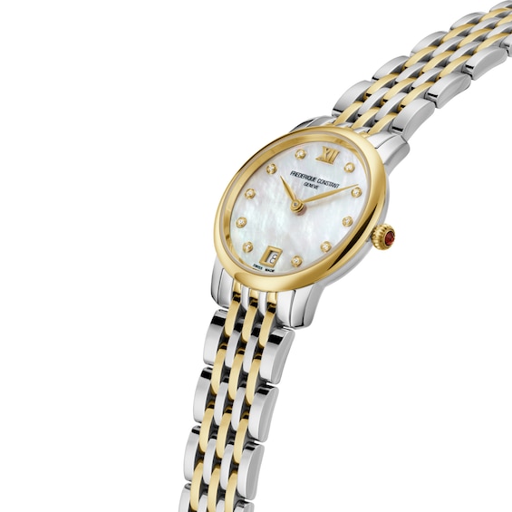 Ladies' Frederique Constant Slimline 1/20 CT. T.w. Diamond Watch with Mother-of-Pearl Dial (Model Fc-220Mpwd1S23B)