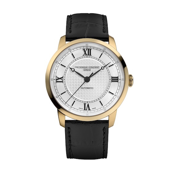 Men’s Frederique Constant Classic Gold-Tone IP Watch with Silver-Tone Dial and Black Leather Strap (Model: Fc-301S3B5)