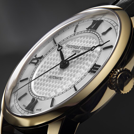 Men’s Frederique Constant Classic Gold-Tone IP Watch with Silver-Tone Dial and Black Leather Strap (Model: Fc-301S3B5)