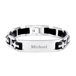 Stainless Steel and Black Rubber Engraved Name Bracelet in Stainless Steel (1 Name) - 8.5”