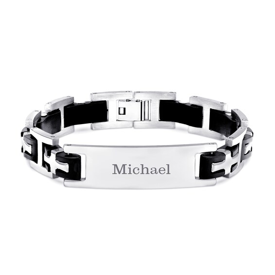 Stainless Steel and Black Rubber Engraved Name Bracelet in Stainless Steel (1 Name) - 8.5”
