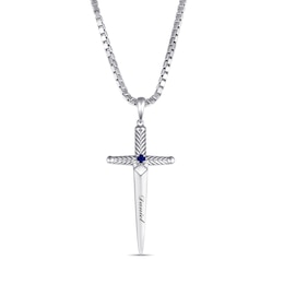 Lab-Created Blue Sapphire Engraved Dagger Pendant (1 Name) - 22”