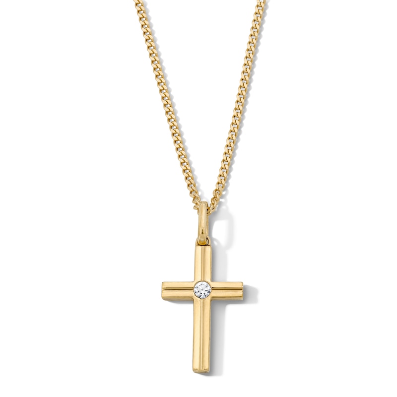Main Image 1 of 1/15 CT. T.W. Lab-Grown Diamond Solitaire Cross Necklace in Sterling Silver with 14K Gold Plate (F/VS2) - 22″