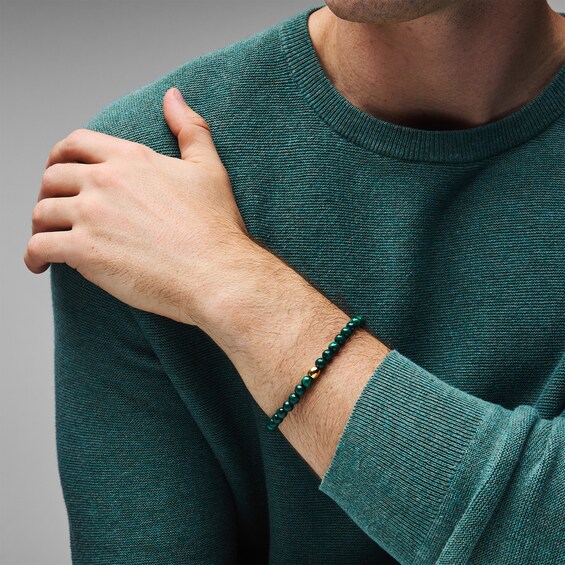 Malachite Bead and Lab-Grown Diamond Accent Bracelet in Sterling Silver with 14K Gold Plate - 8.25″