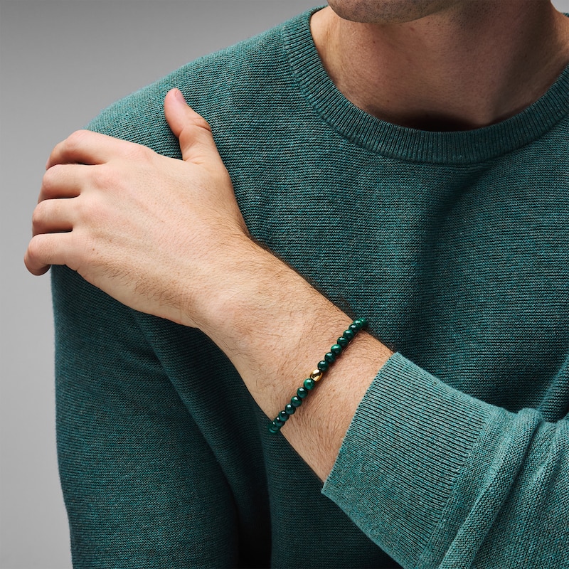 Main Image 2 of Malachite Bead and Lab-Grown Diamond Accent Bracelet in Sterling Silver with 14K Gold Plate - 8.25″
