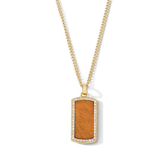 Tiger's Eye and 1/5 CT. T.w. Lab-Grown Diamond Dog Tag Necklace in Sterling Silver with 14K Gold Plate (F/Vs2) - 22"