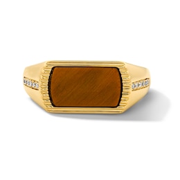 Tiger's Eye and 1/10 CT. T.W. Lab-Grown Diamond Signet Ring in Sterling Silver with 14K Gold Plate (F/VS2)