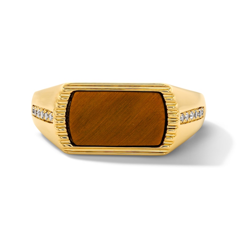 Main Image 1 of Tiger's Eye and 1/10 CT. T.W. Lab-Grown Diamond Signet Ring in Sterling Silver with 14K Gold Plate (F/VS2)