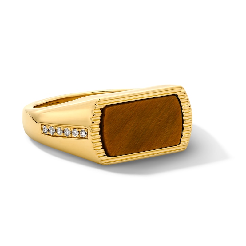 Main Image 3 of Tiger's Eye and 1/10 CT. T.W. Lab-Grown Diamond Signet Ring in Sterling Silver with 14K Gold Plate (F/VS2)