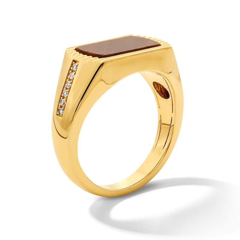 Main Image 4 of Tiger's Eye and 1/10 CT. T.W. Lab-Grown Diamond Signet Ring in Sterling Silver with 14K Gold Plate (F/VS2)