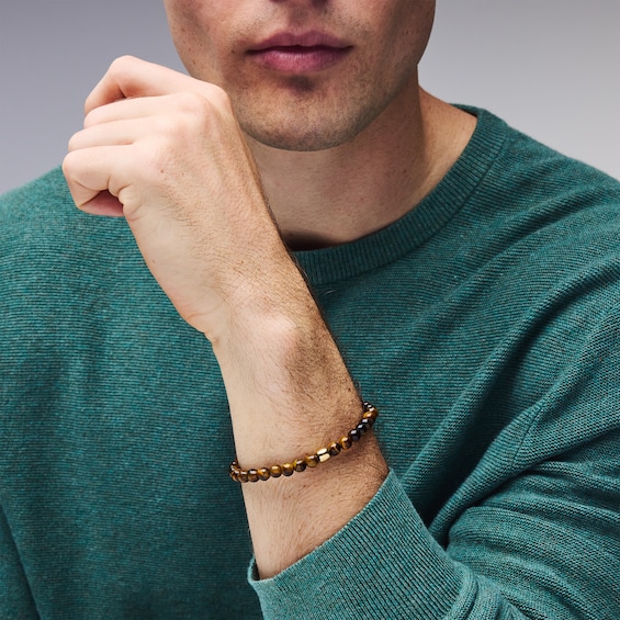 Tiger's Eye Bead and Lab-Grown Diamond Accent Bracelet in Sterling Silver with 14K Gold Plate - 8.25″