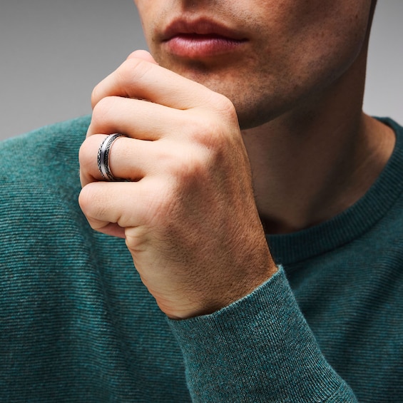 Diamond-Cut Textured-Edge Wedding Band in Sterling Silver and Black Rhodium Plate