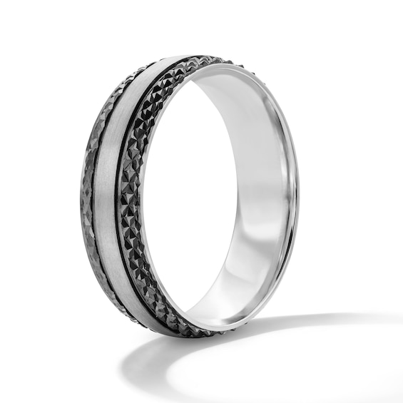 Diamond-Cut Textured-Edge Wedding Band in Sterling Silver and Black Rhodium Plate