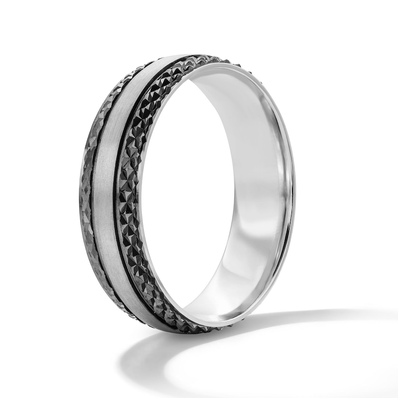 Main Image 3 of Diamond-Cut Textured-Edge Wedding Band in Sterling Silver and Black Rhodium Plate