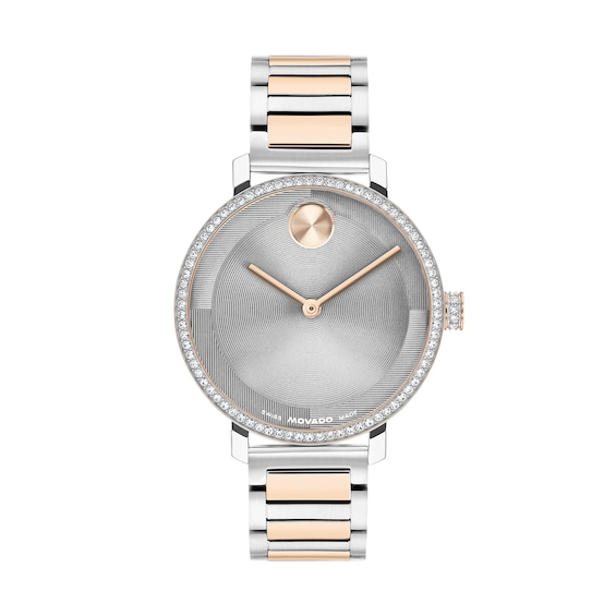 Ladies’ Movado Bold® Evolution 2.0 Two-Tone Rose IP Analog Watch with Grey Dial and Crystal Bezel (Model: 3601283)