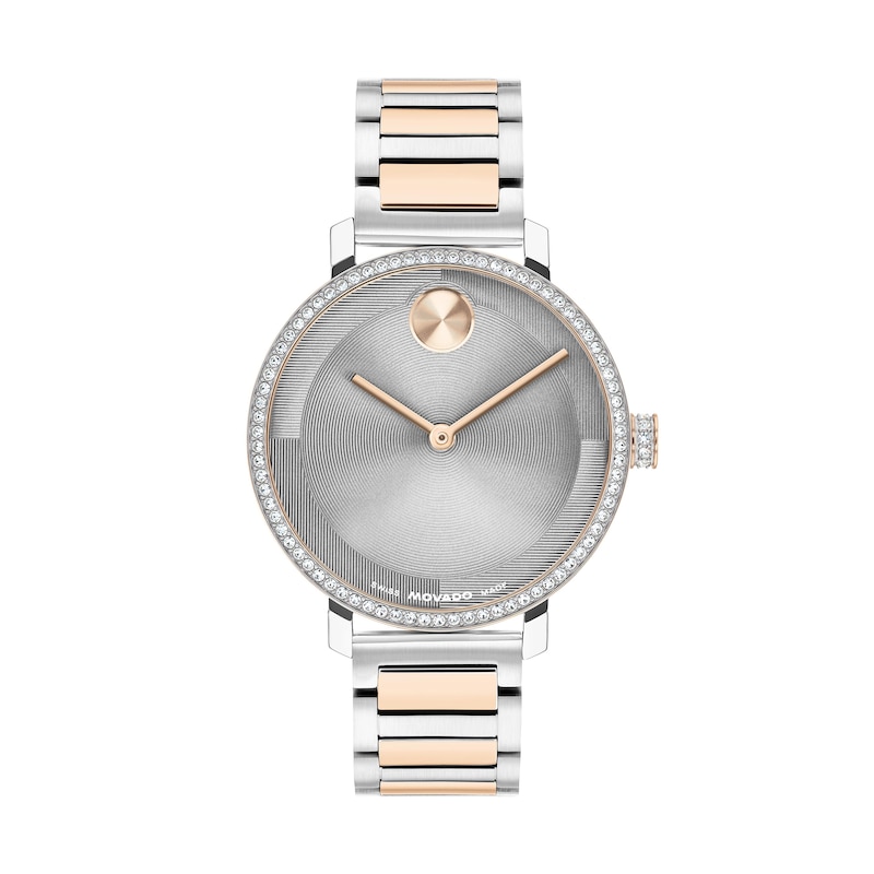 Main Image 1 of Ladies’ Movado Bold® Evolution 2.0 Two-Tone Rose IP Analog Watch with Grey Dial and Crystal Bezel (Model: 3601283)