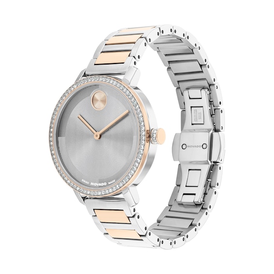 Ladies’ Movado Bold® Evolution 2.0 Two-Tone Rose IP Analog Watch with Grey Dial and Crystal Bezel (Model: 3601283)