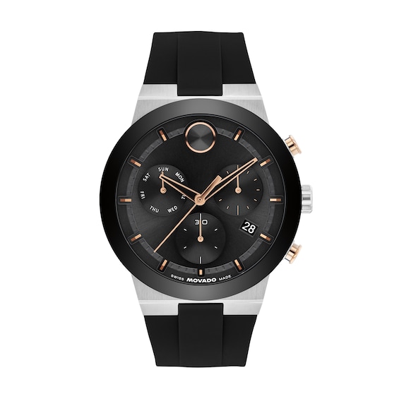 Men's Movado Bold® Fusion Chronograph Watch with Black Dial and Black Silicone Strap (Model: 3601330)