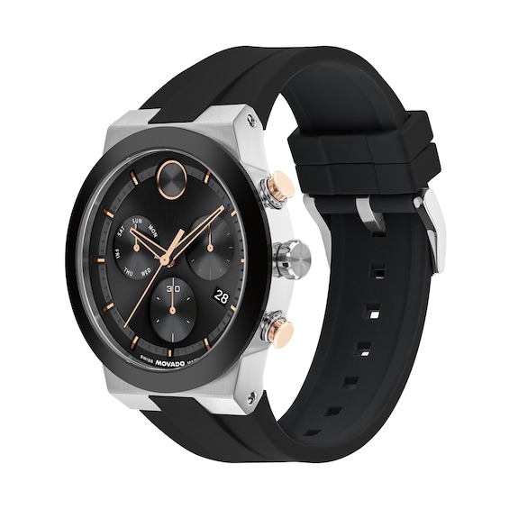 Men's Movado Bold® Fusion Chronograph Watch with Black Dial and Black Silicone Strap (Model: 3601330)