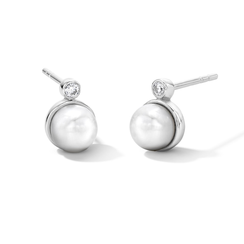 Main Image 1 of 6.0mm Freshwater Cultured Pearl and 1/20 CT. T.W. Lab-Grown Diamond Earrings in Sterling Silver