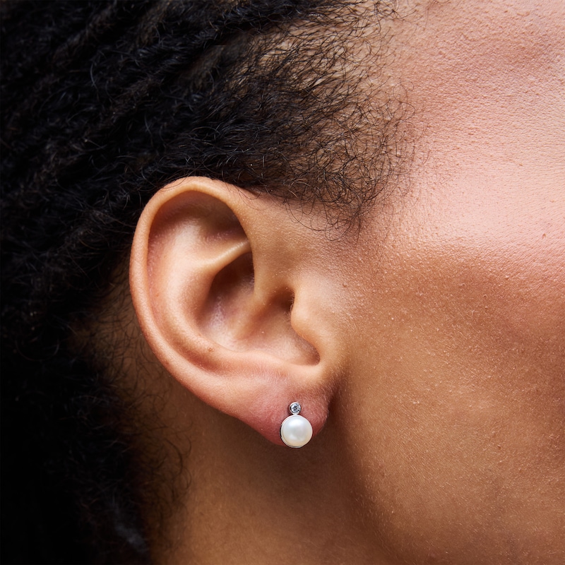 Main Image 2 of 6.0mm Freshwater Cultured Pearl and 1/20 CT. T.W. Lab-Grown Diamond Earrings in Sterling Silver