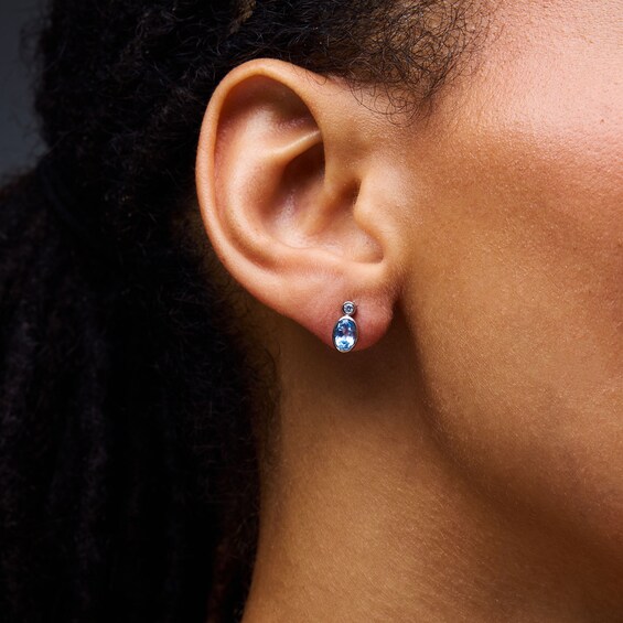 Oval Blue Lab-Created Spinel and Lab-Grown Diamond Stud Earrings in Sterling Silver