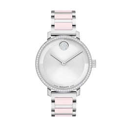 Ladies' Movado Bold® Evolution 2.0 Stainless Steel & Pink Ceramic Analog Watch with Silver-Tone Dial and Crystal Bezel (Model: 3601300)